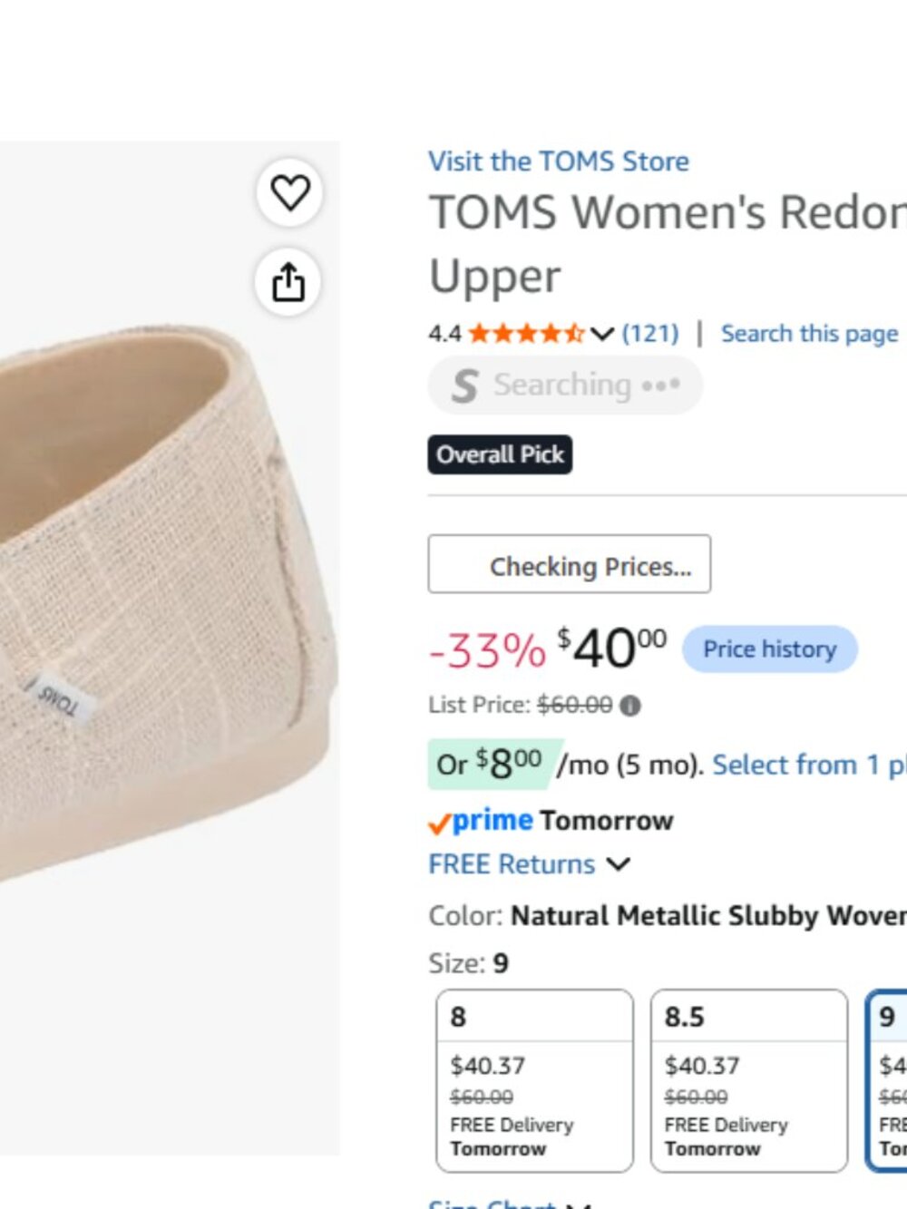 TOMS Redondo Loafers, Natural Metallic Slubby Woven, W US Size 9.5 - Picture 6 of 6